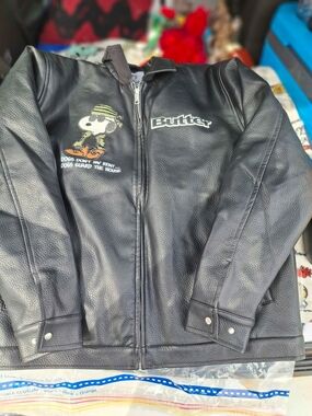 Butter Black Faux Leather Jacket  Snoopy Big Logo Deadstock Mens Large